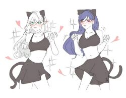 2girls animal_ears black_bra black_skirt blue_eyes blush bra caera_denoir cat_ears cat_tail embarrassed green_eyes hands_up heart_(symbol) long_hair looking_at_viewer multiple_girls navel open_mouth pointy_ears red_eyes simple_background skirt tail tessia_eralith the_beginning_after_the_end underwear very_long_hair white_background white_hair