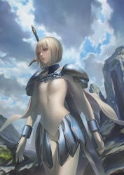 Rule 34 | 1girl, armor, blonde hair, blue eyes, bob cut, bodysuit, clare (claymore), claymore (series), closed mouth, cloud, female focus, grass, leo chuang, lips, mountainous horizon, outdoors, short hair, shoulder armor, shoulder pads, sky, solo, straight hair, upper body, weapon, weapon on back