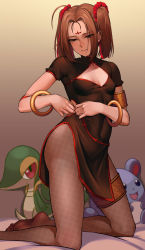Rule 34 | 1girl, black eyes, blue eyes, breasts, brown hair, china dress, chinese clothes, chu love yun, cleavage cutout, clothing cutout, commentary request, creatures (company), crossover, derivative work, dress, dressing, facial mark, fate/grand order, fate (series), fishnets, forehead mark, game freak, gen 2 pokemon, gen 5 pokemon, gradient background, grey background, hair ornament, hair scrunchie, highres, jewelry, kneeling, marill, medium hair, multicolored eyes, nezha (fate), nintendo, open mouth, pantyhose, pokemon, pokemon (creature), red eyes, red scrunchie, scrunchie, short sleeves, small breasts, snivy, soles, twintails, yellow background, yellow eyes