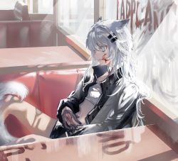 Rule 34 | 1girl, animal ear fluff, animal ears, arknights, bandeau, black jacket, blood, blood on face, blood writing, booth seating, breasts, character name, gawako, glass writing, gloves, grey eyes, hair between eyes, hair ornament, hairclip, highres, jacket, knees up, lappland (arknights), long hair, long sleeves, open clothes, open jacket, scar, scar across eye, scar on face, shadow, silver hair, sitting, slit pupils, solo, tail, white bandeau, window, wolf ears, wolf tail