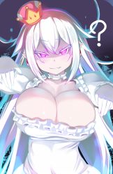 Rule 34 | 1girl, ?, breasts, cleavage, collarbone, commentary request, confused, dress, fang, gloves, highres, huge breasts, long hair, luigi&#039;s mansion, mario (series), nintendo, pink eyes, pointy ears, princess king boo, raised eyebrows, shiki (psychedelic g2), solo, super crown, white dress, white gloves, white hair