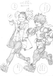 Rule 34 | 2boys, bandana, belt, belt pouch, bird, blunt ends, bodysuit, boku no hero academia, breast pocket, bright pupils, buttons, clenched hands, collared jacket, collared shirt, commentary request, corsage, cross-laced footwear, crosshatching, dress shirt, eye contact, eyewear on head, flower, freckles, full body, gloves, graphite (medium), greyscale, grin, hand in pocket, hands up, happy, hatching (texture), high ponytail, highres, horikoshi kouhei, jacket, kishimen hair, lapels, linear hatching, looking at another, looking to the side, male focus, mask, mask around neck, midoriya izuku, monochrome, mouth mask, multiple boys, musical note, necktie, open mouth, pants, patch, pino (boku no hero academia), pocket, popped collar, pouch, rody soul, shirt, shoes, short hair, side-by-side, sideways mouth, simple background, sleeves past elbows, smile, speech bubble, spoken musical note, stitches, striped necktie, sunglasses, three quarter profile, three quarter view, traditional media, translation request, two-tone necktie, unbuttoned jacket, utility belt, walking, white background, wing collar