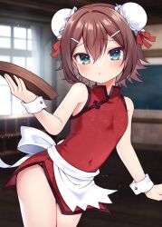 Rule 34 | 1boy, androgynous, apron, baka to test to shoukanjuu, bare shoulders, brown hair, china dress, chinese clothes, covered navel, double bun, dress, green eyes, hair bun, hair ornament, hairclip, highres, kinoshita hideyoshi, looking at viewer, male focus, medium hair, official alternate costume, red dress, solo, trap, waist apron, white apron, wrist cuffs, zenchi (061799)