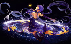 Rule 34 | 1girl, black thighhighs, blue dress, blue hair, detached sleeves, dress, elbow gloves, closed eyes, feng you, fingerless gloves, garter straps, gloves, long hair, purple hair, purple thighhighs, solo, thighhighs, twintails, very long hair, vocaloid, xingchen