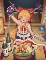 Rule 34 | 1girl, absurdres, arm up, bare arms, bare shoulders, blue bow, bottle, bow, brown eyes, chain, chopsticks, cube, cuffs, fang, food, from above, goback, gourd, hair between eyes, hair bow, heater, highres, holding, horn bow, horn ornament, horn ribbon, horns, hotpot, huge filesize, ibuki suika, indoors, kotatsu, long hair, looking at viewer, low-tied long hair, mushroom, night, one eye closed, oni, open mouth, orange hair, orb, red bow, ribbon, shackles, shiitake, shirt, sitting, skirt, sleeveless, sleeveless shirt, sliding doors, smile, snow, snowing, solo, steam, table, torn clothes, torn sleeves, touhou, very long hair, white shirt