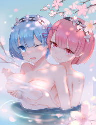 Rule 34 | 10s, 2girls, absurdres, blue eyes, blue hair, blush, grabbing another&#039;s breast, breasts, cherry blossoms, grabbing, hair over one eye, highres, in water, incest, large breasts, looking at viewer, maid headdress, multiple girls, nude, one eye closed, partially submerged, petals, pink hair, pink ribbon, ram (re:zero), re:zero kara hajimeru isekai seikatsu, rem (re:zero), ribbon, short hair, siblings, sisters, smile, towel, twincest, twins, xing, yuri