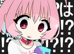 Rule 34 | !?, 1girl, ahoge, black background, collar, commentary, earrings, holding, holding phone, idolmaster, idolmaster cinderella girls, jewelry, looking at phone, multicolored hair, phone, pill earrings, pink collar, pink hair, shirt, simple background, skeleton print, smartphone case, solo, sukoyaka (100hituzi), two-tone hair, white background, white shirt, yumemi riamu