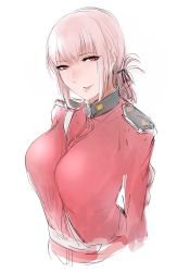 Rule 34 | 1girl, between breasts, blonde hair, braid, breasts, epaulettes, eyebrows, fate/grand order, fate (series), faux traditional media, florence nightingale (fate), highres, hometa, jacket, large breasts, looking at viewer, military, military uniform, parted lips, red eyes, red jacket, sash, sidelocks, sketch, smile, solo, uniform, upper body
