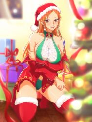 Rule 34 | 1girl, absurdres, bare shoulders, bikini, box, breasts, christmas, earrings, full body, gift, gift box, hat, highres, jewelry, kneeling, large breasts, long hair, looking at viewer, nami (one piece), one piece, opalis, orange hair, ribbon, santa hat, shoulder tattoo, smile, swimsuit, tattoo, underwear, undressing, very long hair, wide hips