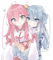 Rule 34 | !?, 2girls, :3, ahoge, anger vein, bell, blue bow, blue eyes, blue hair, blush, bow, closed mouth, collared shirt, detached sleeves, green eyes, hair bell, hair between eyes, hair bow, hair ornament, heart, highres, hololive, hoshimachi suisei, hoshimachi suisei (school uniform), hug, hug from behind, long sleeves, multiple girls, myumyu 106, open mouth, pink bow, pink hair, sailor collar, sakura miko, sakura miko (1st costume), shirt, sleeves past fingers, sleeves past wrists, striped, striped bow, sweat, two-tone bow, virtual youtuber, white background, white bow, yuri