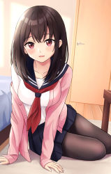 Rule 34 | 1girl, :d, black pantyhose, black sailor collar, black skirt, blush, breasts, brown hair, cardigan, collarbone, commentary request, door, hair between eyes, highres, indoors, long hair, long sleeves, looking at viewer, medium breasts, neckerchief, off shoulder, open cardigan, open clothes, open mouth, original, pantyhose, pink cardigan, pleated skirt, red eyes, red neckerchief, sailor collar, school uniform, serafuku, skirt, sleeves past wrists, smile, solo, table, wooden floor, yukimaru217