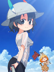 Rule 34 | 2girls, alternate costume, animal ear fluff, animal ears, black bra, black eyes, black hair, blonde hair, blue sky, bra, cloud, commentary request, day, extra ears, from side, hat, hat feather, highres, kaban (kemono friends), kemono friends, looking at viewer, looking to the side, multiple girls, orange eyes, outdoors, sat-c, see-through, serval (kemono friends), serval print, shirt, unworn shirt, short hair, short sleeves, sky, smile, solo focus, sports bra, sunlight, tail, underwear, water drop, wet, wet clothes, white headwear, white shirt