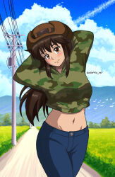 Rule 34 | 1girl, arms behind head, blue pants, blush, breasts, brown eyes, brown hair, camouflage, camouflage shirt, closed mouth, denim, hat, helmet, highres, jeans, josephscrand, kyochuu rettou, large breasts, long hair, looking at viewer, midriff, navel, oribe mutsumi, outdoors, pants, shirt, sky, smile, solo