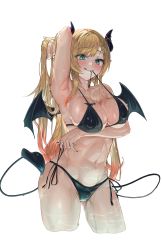 Rule 34 | 1girl, :q, absurdres, arm up, armpits, bikini, black nails, blonde hair, blush, breast tattoo, breasts, bust cup, cleavage, cowboy shot, cropped legs, demon horns, demon tail, demon wings, green eyes, halterneck, hand in own hair, highres, hololive, horns, large breasts, long hair, looking at viewer, mouth hold, multicolored hair, nail polish, navel, pink hair, pointy ears, side-tie bikini bottom, simple background, snarkhunt, solo, standing, stomach, streaked hair, string bikini, swimsuit, tail, tattoo, tongue, tongue out, very long hair, virtual youtuber, water, wet, white background, wings, yuzuki choco, yuzuki choco (hololive summer 2019)