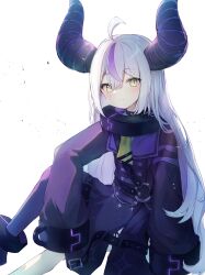 Rule 34 | 1girl, absurdres, ahoge, ankle cuffs, black horns, blush, buttons, coat, collar, cuffs, demon girl, demon horns, double-breasted, grey hair, hair between eyes, highres, hinatan (hinatan krnk), hololive, horns, invisible chair, la+ darknesss, long hair, looking at viewer, multicolored hair, neckerchief, purple coat, purple hair, purple thighhighs, single thighhigh, sitting, sleeves past fingers, sleeves past wrists, slit pupils, solo, straight hair, streaked hair, striped horns, thighhighs, very long hair, virtual youtuber, yellow eyes, yellow neckerchief