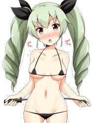 Rule 34 | 10s, 1girl, :o, aikawa ryou, anchovy (girls und panzer), bikini, black bikini, black ribbon, blush, breasts, commentary request, cowboy shot, drill hair, girls und panzer, green hair, hair ribbon, highres, holding, long hair, looking at viewer, lowleg, lowleg bikini, medium breasts, micro bikini, navel, open mouth, red eyes, ribbon, riding crop, simple background, solo, standing, swimsuit, trembling, twin drills, twintails, v-shaped eyebrows, white background