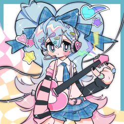 Rule 34 | 1girl, :t, \n/, absurdres, ahoge, alternate hair color, alternate hairstyle, aqua border, aqua eyes, aqua hair, arm at side, arm warmers, asymmetrical sleeves, belt, black sleeves, blue bow, blue eyes, blue necktie, blue ribbon, blue skirt, blush, border, bow, bright pupils, cable, closed mouth, cowboy shot, crop top, decora, detached sleeves, dot nose, double-parted bangs, electric guitar, facing viewer, gradient hair, guitar, hair between eyes, hair bow, hair ornament, hair ribbon, hairclip, hand up, hatsune miku, headphones, headset, heart, heart ahoge, heart belt, heart guitar, heart sticker, highres, instrument, jewelry, kerberos (kerbe ), lightning bolt symbol, long hair, microphone, miniskirt, multicolored hair, multiple rings, necktie, panties, panty peek, pink belt, pink hair, pink sleeves, plaid, plaid bow, plaid ribbon, plaid skirt, pleated skirt, pout, ribbon, ring, shoulder tattoo, single sleeve, skirt, sparkle, standing, star (symbol), star sticker, sticker, stomach, straight-on, strap, striped sleeves, tattoo, twintails, underwear, very long hair, vocaloid, white background, wing collar