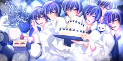 Rule 34 | absurdres, aku no musume (vocaloid), akujiki musume conchita (vocaloid), blue background, blue eyes, blue hair, cake, carlos marlon, cat, chef, drug of gold (vocaloid), evillious nendaiki, food, happy birthday, highres, holding, holding cake, holding food, kaito (vocaloid), kaito (vocaloid3), male focus, mothy, multiple boys, non-web source, shirt, smile, vocaloid, white shirt