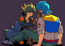 Rule 34 | 2boys, between legs, black hair, black shirt, blue eyes, blue hair, blue jacket, blue shirt, blush, brown footwear, brown gloves, bruno (yu-gi-oh!), couple, elbow pads, facial mark, facial tattoo, fudo yusei, gloves, grey background, hand on another&#039;s cheek, hand on another&#039;s face, hand on ground, hands on ground, high collar, highres, jacket, knee pads, kneeling, leaning, leaning forward, looking at another, male focus, marking on cheek, multicolored hair, multiple boys, open mouth, pants, shadow, shirt, shoes, short hair, shoulder pads, simple background, sitting, sleeves rolled up, sneakers, spiked hair, streaked hair, tattoo, white footwear, white jacket, yaoi, youko-shima, yu-gi-oh!, yu-gi-oh! 5d&#039;s