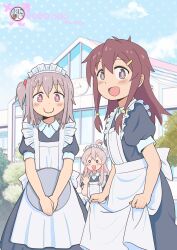 Rule 34 | 1girl, 2boys, :d, absurdres, ahoge, apron, apron hold, artist name, bare arms, blue sky, blush, brown eyes, brown hair, c:, cloud, commentary request, copyright name, crossdressing, day, dot nose, english text, genderswap, genderswap (mtf), grey hair, hair between eyes, hair bobbles, hair ornament, hair tubes, hairclip, highres, holding, holding tray, long hair, looking at viewer, maid, maid headdress, male-female symbol, male focus, multiple boys, o o, one side up, onii-chan wa oshimai!, open mouth, outdoors, oyama mahiro, pink hair, puffy short sleeves, puffy sleeves, robomito, sakurada yuuta, senkawa minato, short sleeves, sky, smile, standing, trap, tray, v arms, white apron