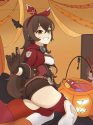 Rule 34 | 1girl, :d, amber (genshin impact), ass, baron bunny (genshin impact), boots, brown gloves, brown hair, brown shorts, candy, chromatic aberration, cropped jacket, food, genshin impact, gloves, hair ornament, halloween, highres, jacket, long hair, looking at viewer, open mouth, pumpkin, red jacket, short shorts, shorts, smile, solo, teeth, thigh boots, thighhighs