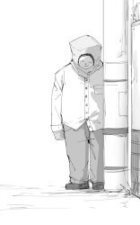Rule 34 | 1boy, bag over head, blue archive, commentary, doodle sensei (blue archive), faceless, faceless male, greyscale, highres, kankan33333, male focus, monochrome, sensei (blue archive), solo, stalking, standing, utility pole