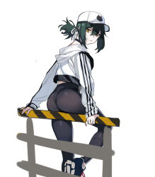 Rule 34 | 1girl, absurdres, ass, baseball cap, black choker, black pants, choker, controlline3, counter:side, cropped jacket, hat, highres, hood, hood down, hooded jacket, jacket, laika (counter:side), looking at viewer, looking back, pants, ponytail, railing, shoes, simple background, solo, track jacket, white background, white hat, white jacket, yellow eyes, yoga pants