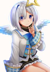 Rule 34 | 1girl, amane kanata, amane kanata (1st costume), armband, black skirt, blue hair, blush, bob cut, closed mouth, colored inner hair, eyes visible through hair, feathered wings, feet out of frame, frilled skirt, frills, grey jacket, hair ornament, hair over one eye, halo, hand up, highres, hololive, indoors, jacket, kazenokaze, long sleeves, mini wings, multicolored hair, plaid, purple eyes, shirt, silver hair, simple background, single hair intake, sitting, skirt, smile, solo, star halo, sunrise, two-tone hair, virtual youtuber, white background, white shirt, white wings, wings
