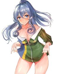 Rule 34 | 1girl, alternate costume, blue eyes, blue hair, breasts, cleavage, clothes lift, collarbone, commentary request, dress, dress lift, eriyama e, gluteal fold, gotland (kancolle), highres, kantai collection, long hair, looking at viewer, medium breasts, mole, mole under eye, multicolored clothes, multicolored dress, open clothes, ponytail, short dress, simple background, smile, solo, white background