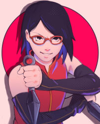 Rule 34 | 1girl, absurdres, bare shoulders, black eyes, black hair, boruto: naruto next generations, elbow gloves, glasses, gloves, grin, highres, holding, holding weapon, kunai, looking at viewer, naruto (series), parted bangs, red-framed eyewear, shadow, shirt, short hair, simple background, sleeveless, sleeveless shirt, smile, solo, teeth, uchiha sarada, upper body, weapon, xmonday mintx
