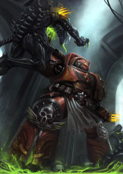 Rule 34 | adeptus astartes, alien, armor, blood, blood angels, book, claws, crossover, epic, genestealer, gloves, helmet, low-angle shot, low angle, bad tag, mask, monster, no humans, okita, power armor, science fiction, skull, space hulk, tyranid, warhammer 40k, weapon