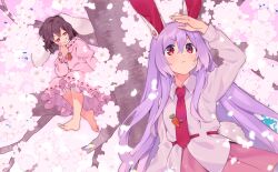 Rule 34 | 2girls, :&lt;, akagashi hagane, animal ears, barefoot, black hair, blush stickers, carrot necklace, carrot pin, cherry blossoms, closed mouth, collar, collared dress, collared shirt, dress, floppy ears, flower, frilled collar, frilled dress, frilled sleeves, frills, frown, game cg, hand on own head, high collar, in tree, inaba tewi, jewelry, juliet sleeves, light blush, long hair, long sleeves, medium dress, miniskirt, multiple girls, necklace, necktie, official art, petals, pink dress, pink skirt, puffy sleeves, purple hair, rabbit ears, rabbit tail, red eyes, red necktie, reisen udongein inaba, ribbon-trimmed dress, ribbon-trimmed shirt, ribbon-trimmed sleeves, ribbon trim, shirt, short hair, sidelocks, sitting, sitting in tree, skirt, smirk, sweatdrop, tail, teeth, touhou, touhou cannonball, tree, v-shaped eyebrows, white flower, white shirt