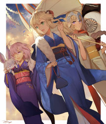 Rule 34 | 2017, 3girls, :d, adapted costume, ahoge, alternate costume, artoria pendragon (all), artoria pendragon (fate), bianyuanqishi, blonde hair, blue kimono, blue ribbon, border, breasts, closed mouth, cloud, cloudy sky, confetti, creature, creature on shoulder, day, dutch angle, fate/apocrypha, fate/grand order, fate/stay night, fate (series), flat chest, floating hair, floral print, flower, fou (fate), fur trim, green eyes, hair flower, hair ornament, hair over one eye, hand up, headpiece, highres, holding, holding umbrella, japanese clothes, jeanne d&#039;arc (fate), jeanne d&#039;arc (ruler) (fate), jeanne d&#039;arc alter (fate), kikumon, kimono, kinchaku, lantern, long hair, long sleeves, looking at viewer, mash kyrielight, medium breasts, multiple girls, obi, official alternate costume, on shoulder, one eye covered, open mouth, outside border, palms, paper lantern, pouch, print kimono, purple eyes, purple hair, purple kimono, ribbon, saber (fate), saber (first sunrise) (fate), sash, shawl, shide, short hair, signature, sky, sleeves past wrists, smile, tassel, umbrella, walking, white border, white kimono, wide sleeves, wind