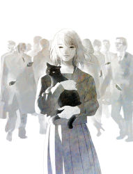 Rule 34 | 1girl, 6+boys, backlighting, black cat, blurry, cat, depth of field, greyscale, highres, holding, leaf, looking at viewer, monochrome, multiple boys, namito, original, school uniform, serafuku, short hair, smile, solo focus, squinting, white background, wind