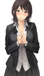 Rule 34 | 1girl, amagami, black hair, black jacket, black skirt, blazer, breasts, brown eyes, cleavage, commentary request, highres, jacket, large breasts, light blush, looking at viewer, medium hair, open mouth, partially unbuttoned, school uniform, serizawa (serizawaroom), shirt, skirt, solo, takahashi maya, teacher, white shirt