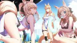 Rule 34 | 3girls, absurdres, all fours, animal ear fluff, animal ears, arknights, arm at side, ass, aunt and niece, bare shoulders, bikini, black bikini, black bow, black ribbon, blemishine (arknights), blonde hair, blue eyes, blue sky, blush, bow, breasts, building, casual one-piece swimsuit, center opening, city, cleavage, closed mouth, cloud, collarbone, competition swimsuit, covered navel, cup, day, disposable cup, drink, drinking, drinking straw, food, food in mouth, gluteal fold, hair bow, highres, holding, holding cup, horse ears, horse girl, horse tail, innertube, knee pads, large breasts, long hair, looking at viewer, looking back, medium breasts, mouth hold, multiple girls, navel, nearl (arknights), nearl (shimmering dew) (arknights), o-ring, o-ring bikini, o-ring top, official alternate costume, one-piece swimsuit, orange eyes, outdoors, popsicle, ribbon, seto tinami, siblings, side-tie bikini bottom, sisters, sitting, sky, smile, standing, sweat, swim ring, swimsuit, tail, thick eyebrows, thigh strap, thighs, v-shaped eyebrows, whislash (arknights), white one-piece swimsuit, yellow eyes
