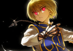 Rule 34 | 1boy, blonde hair, blue tabard, chain, closed mouth, earrings, hunter x hunter, jewelry, kurapika, looking at viewer, male focus, red eyes, ring, shirt, short hair, solo focus, tabard, turdidae, upper body, weapon, white shirt