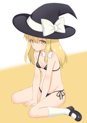 Rule 34 | 1girl, bare shoulders, bikini, black bikini, blonde hair, bow, breasts, cleavage, closed mouth, full body, hat, kirisame marisa, long hair, looking at viewer, shiny clothes, shiny skin, sitting, small breasts, solo, swimsuit, toshishikisai, touhou, wariza, witch hat, yellow eyes