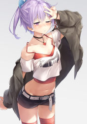 Rule 34 | 1girl, ;), belt, belt buckle, black jacket, black shorts, blue bow, blush, bow, buckle, camisole, closed mouth, commentary request, crop top, grey background, hair bow, hair ornament, hairclip, highres, jacket, kanzen bouon, long sleeves, looking at viewer, midriff, navel, off-shoulder shirt, off shoulder, one eye closed, open clothes, open jacket, ponytail, purple eyes, purple hair, red camisole, red thighhighs, shirt, short shorts, shorts, simple background, smile, solo, thighhighs, vocaloid, voiceroid, white belt, white shirt, yuzuki yukari