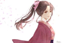 Rule 34 | black hair, blunt bangs, brown eyes, cherry blossoms, gintama, hair ornament, hair ribbon, haori, high ponytail, japanese clothes, kimono, kotoha (user anzh3572), light smile, long hair, looking to the side, petals, ponytail, ribbon, signature, simple background, solo, tokugawa soyo, upper body, white background
