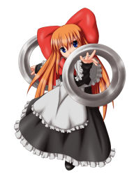 Rule 34 | 1girl, apron, blonde hair, blue eyes, bow, bowtie, chakram, covered mouth, doll, dual wielding, female focus, flat chest, frilled apron, frills, full body, hair between eyes, hair bow, head tilt, holding, holding weapon, jewelry, kokufuu, long hair, long sleeves, looking at viewer, maid, maid apron, orange hair, outstretched arms, ribbon, ring, shanghai doll, shoes, simple background, solo, spread arms, standing, touhou, very long hair, weapon, white background