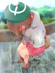 Rule 34 | 1girl, 22m, backpack, bag, beret, blush, brown hair, cardigan, creatures (company), dress, game freak, gloria (pokemon), green hat, hat, highres, nintendo, outdoors, pee, peeing, peeing self, pokemon, pokemon swsh, puddle, shoes, socks, solo, standing, stone floor, wet, wet clothes