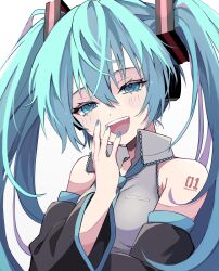 Rule 34 | 1girl, :d, armpit crease, bare shoulders, black sleeves, blue eyes, blue hair, blue nails, blush, collared shirt, commentary request, detached sleeves, dot nose, frilled shirt, frills, grey shirt, hair between eyes, hair ornament, hand to own mouth, hatsune miku, head tilt, headset, highres, long hair, long sleeves, looking at viewer, microphone, multicolored hair, naguno-0713, nail polish, number tattoo, open mouth, pink hair, shirt, sidelocks, simple background, sleeveless, sleeveless shirt, smile, solo, streaked hair, tattoo, teeth, twintails, two-tone hair, upper body, upper teeth only, very long hair, vocaloid, white background, wing collar
