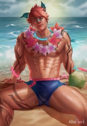 Rule 34 | 1boy, abs, absurdres, aliast669, animal ears, arm tattoo, bandaid, bandaid on face, bandaid on nose, bara, bare pectorals, beach, blue male swimwear, bulge, dark-skinned male, dark skin, erection, erection under clothes, feet out of frame, flower, flower necklace, head tilt, highres, jewelry, kemonomimi mode, large pectorals, league of legends, leg tattoo, looking at viewer, male focus, male swimwear, muscular, muscular male, navel, necklace, nipples, official alternate costume, orange hair, outdoors, paid reward available, pectorals, sand, sett (league of legends), short hair, solo, spread legs, stomach, sunset, swim briefs, tattoo, thick thighs, thighs