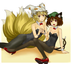 Rule 34 | 2girls, animal ears, animal hat, bare arms, bare shoulders, black legwear, blonde hair, bow, bowtie, breasts, cat ears, cat girl, cat tail, chen, choker, cleavage, covered navel, detached collar, female focus, fox ears, fox tail, gradient background, groin, hat, high heels, hinoyama ena, holding hands, hyounosen ena, kittysuit, leotard, lips, long hair, looking at viewer, mob cap, multiple girls, multiple tails, navel, nekomata, nontraditional playboy bunny, open mouth, pantyhose, mob cap, playboy bunny, red footwear, red ribbon, ribbon, shoes, sitting, small breasts, smile, tail, touhou, white background, wrist cuffs, yakumo ran, yellow eyes