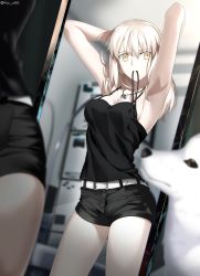 Rule 34 | 1girl, absurdres, armpits, arms behind head, arms up, artoria pendragon (all), artoria pendragon (fate), bare shoulders, black camisole, black ribbon, black shorts, blonde hair, breasts, camisole, cavall the 2nd, cleavage, collarbone, dog, fate/grand order, fate/stay night, fate (series), foo (pixiv54892036), hair ribbon, highres, jewelry, long hair, looking at viewer, mirror, necklace, official alternate costume, reflection, ribbon, saber alter, saber alter (ver. shinjuku 1999) (fate), short shorts, shorts, sidelocks, small breasts, thighs, tying hair, yellow eyes