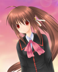 Rule 34 | 1girl, 6u (eternal land), ahoge, bell, bow, brown hair, expressionless, hair bell, hair ornament, kiyu, little busters!, long hair, natsume rin, pink bow, ponytail, red eyes, school uniform, sidelocks, solo, upper body