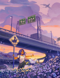 Rule 34 | 1girl, artist name, backpack, bag, belt, bridge, camouflage, camouflage pants, closed mouth, cloud, commentary, dark-skinned female, dark skin, dragon, dreadlocks, english commentary, flower, flying, geneva bowers, highres, hitchhiking, jewelry, lamppost, long hair, looking up, motor vehicle, necklace, original, outdoors, pants, purple flower, purple hair, purple sky, road, road sign, scenery, shirt, short sleeves, sign, sky, smile, standing, star (sky), sunset, thumbs up, truck, watermark, white shirt, wide shot, yellow flower