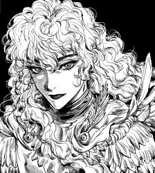 Rule 34 | 1boy, androgynous, armor, berserk, black background, eyelashes, griffith (berserk), highres, lips, long hair, looking at viewer, male focus, monochrome, my nameisyoon, shoulder armor, simple background, solo, wavy hair, white hair
