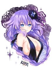 Rule 34 | 1girl, armpits, bare shoulders, blue background, blue eyes, braid, breasts, cleavage, dress, from side, hair between eyes, hair ornament, hairclip, happy, highres, lewdkuma, long hair, medium breasts, neptune (neptunia), neptune (series), open mouth, power symbol-shaped pupils, purple hair, purple heart (neptunia), purple heart (goddesses&#039; promise), simple background, solo, symbol-shaped pupils, twin braids, very long hair, white background